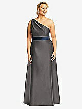 Front View Thumbnail - Caviar Gray & Midnight Navy Draped One-Shoulder Satin Maxi Dress with Pockets