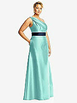 Side View Thumbnail - Coastal & Midnight Navy Draped One-Shoulder Satin Maxi Dress with Pockets