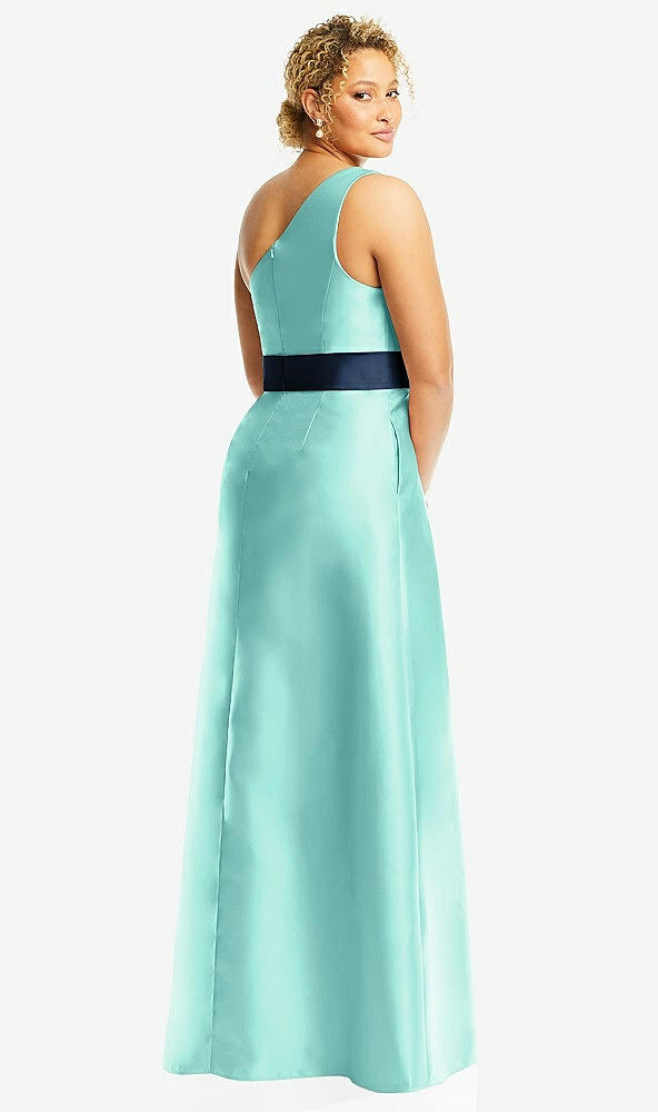 Back View - Coastal & Midnight Navy Draped One-Shoulder Satin Maxi Dress with Pockets