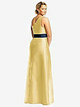 Rear View Thumbnail - Maize & Midnight Navy Draped One-Shoulder Satin Maxi Dress with Pockets