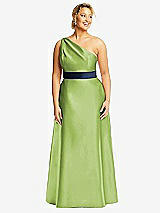 Front View Thumbnail - Mojito & Midnight Navy Draped One-Shoulder Satin Maxi Dress with Pockets