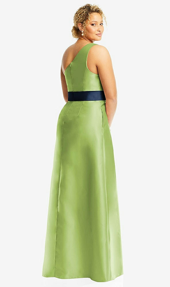 Back View - Mojito & Midnight Navy Draped One-Shoulder Satin Maxi Dress with Pockets