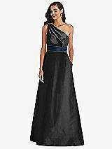 Alt View 1 Thumbnail - Black & Midnight Navy Draped One-Shoulder Satin Maxi Dress with Pockets