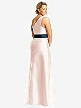 Rear View Thumbnail - Blush & Midnight Navy Draped One-Shoulder Satin Maxi Dress with Pockets