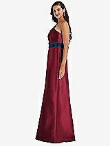 Alt View 2 Thumbnail - Burgundy & Midnight Navy Draped One-Shoulder Satin Maxi Dress with Pockets