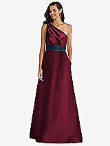 Alt View 1 Thumbnail - Cabernet & Midnight Navy Draped One-Shoulder Satin Maxi Dress with Pockets