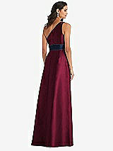 Alt View 3 Thumbnail - Cabernet & Midnight Navy Draped One-Shoulder Satin Maxi Dress with Pockets