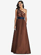 Alt View 1 Thumbnail - Cognac & Midnight Navy Draped One-Shoulder Satin Maxi Dress with Pockets