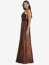 Alt View 2 Thumbnail - Cognac & Midnight Navy Draped One-Shoulder Satin Maxi Dress with Pockets