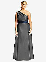 Front View Thumbnail - Gunmetal & Midnight Navy Draped One-Shoulder Satin Maxi Dress with Pockets