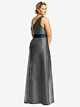 Rear View Thumbnail - Gunmetal & Midnight Navy Draped One-Shoulder Satin Maxi Dress with Pockets