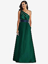 Alt View 1 Thumbnail - Hunter Green & Midnight Navy Draped One-Shoulder Satin Maxi Dress with Pockets