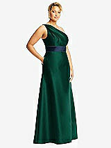 Side View Thumbnail - Hunter Green & Midnight Navy Draped One-Shoulder Satin Maxi Dress with Pockets