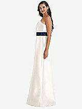 Alt View 2 Thumbnail - Ivory & Midnight Navy Draped One-Shoulder Satin Maxi Dress with Pockets