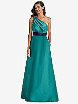 Alt View 1 Thumbnail - Jade & Midnight Navy Draped One-Shoulder Satin Maxi Dress with Pockets