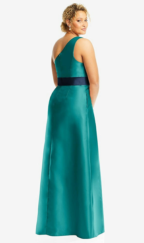 Back View - Jade & Midnight Navy Draped One-Shoulder Satin Maxi Dress with Pockets