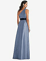 Alt View 3 Thumbnail - Larkspur Blue & Midnight Navy Draped One-Shoulder Satin Maxi Dress with Pockets