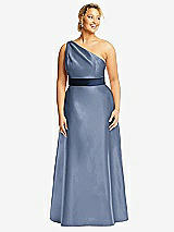 Front View Thumbnail - Larkspur Blue & Midnight Navy Draped One-Shoulder Satin Maxi Dress with Pockets