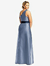 Rear View Thumbnail - Larkspur Blue & Midnight Navy Draped One-Shoulder Satin Maxi Dress with Pockets