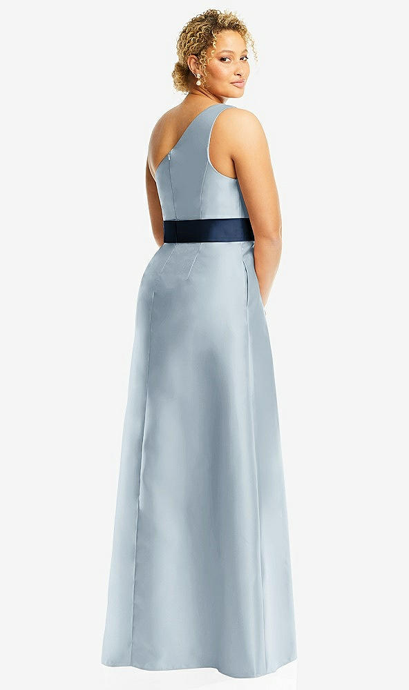 Back View - Mist & Midnight Navy Draped One-Shoulder Satin Maxi Dress with Pockets