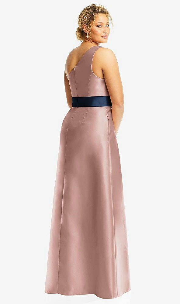 Back View - Neu Nude & Midnight Navy Draped One-Shoulder Satin Maxi Dress with Pockets