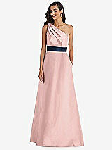 Alt View 1 Thumbnail - Rose - PANTONE Rose Quartz & Midnight Navy Draped One-Shoulder Satin Maxi Dress with Pockets