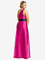 Rear View Thumbnail - Think Pink & Midnight Navy Draped One-Shoulder Satin Maxi Dress with Pockets