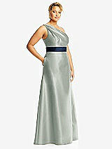 Side View Thumbnail - Willow Green & Midnight Navy Draped One-Shoulder Satin Maxi Dress with Pockets