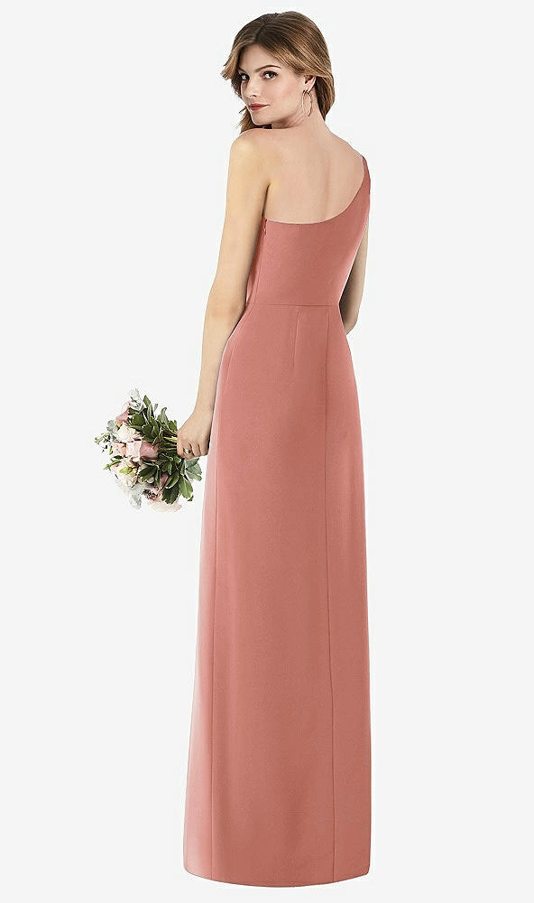 Back View - Desert Rose One-Shoulder Crepe Trumpet Gown with Front Slit