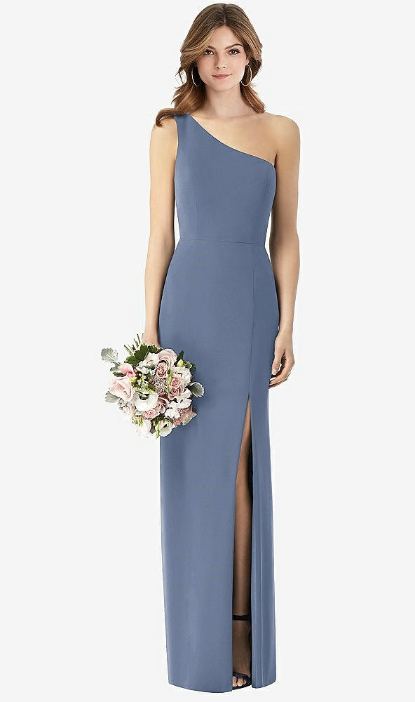 Front View - Larkspur Blue One-Shoulder Crepe Trumpet Gown with Front Slit