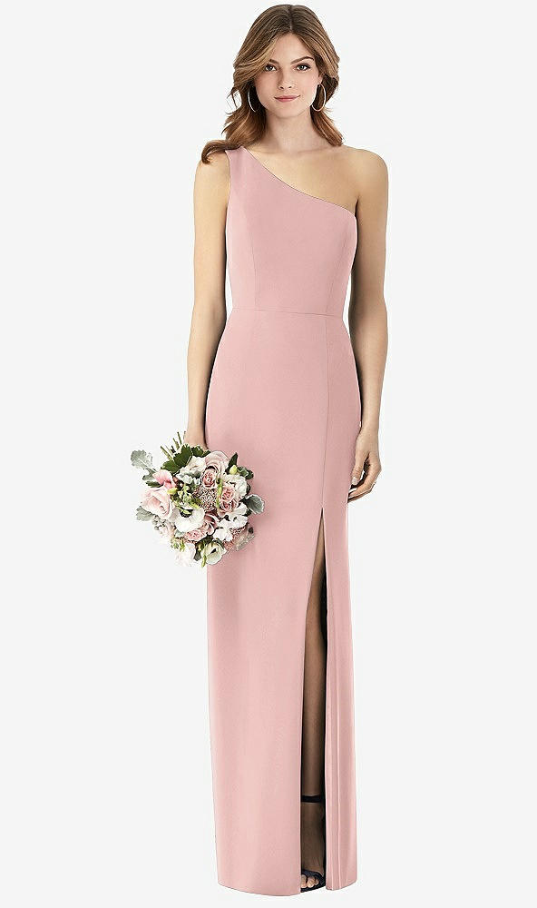 Front View - Rose - PANTONE Rose Quartz One-Shoulder Crepe Trumpet Gown with Front Slit