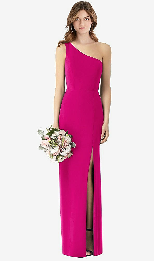 Front View - Think Pink One-Shoulder Crepe Trumpet Gown with Front Slit