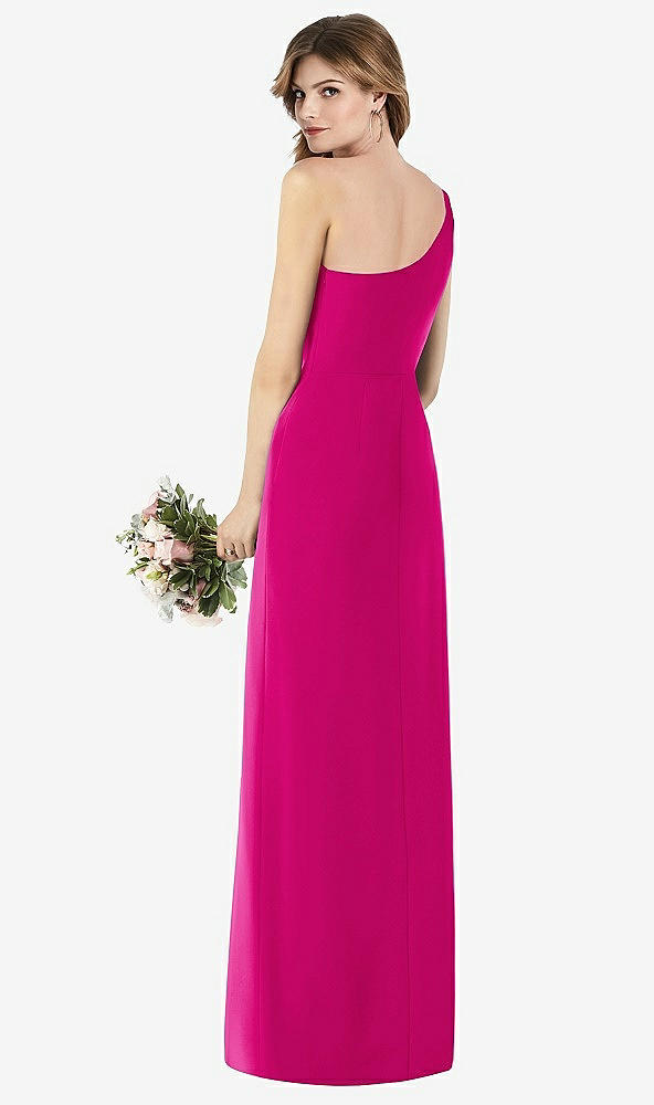 Back View - Think Pink One-Shoulder Crepe Trumpet Gown with Front Slit