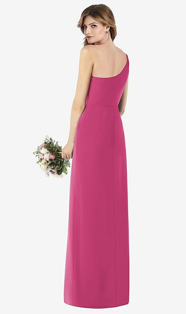 Back View - Tea Rose One-Shoulder Crepe Trumpet Gown with Front Slit