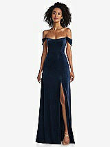 Front View Thumbnail - Midnight Navy Off-the-Shoulder Flounce Sleeve Velvet Maxi Dress