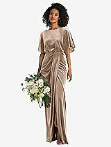 Alt View 1 Thumbnail - Topaz Flutter Sleeve Open-Back Velvet Maxi Dress with Draped Wrap Skirt