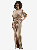 Front View Thumbnail - Topaz Flutter Sleeve Open-Back Velvet Maxi Dress with Draped Wrap Skirt