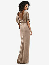 Rear View Thumbnail - Topaz Flutter Sleeve Open-Back Velvet Maxi Dress with Draped Wrap Skirt