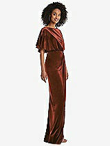 Side View Thumbnail - Auburn Moon Flutter Sleeve Open-Back Velvet Maxi Dress with Draped Wrap Skirt