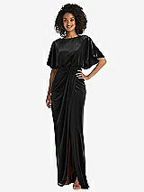 Front View Thumbnail - Black Flutter Sleeve Open-Back Velvet Maxi Dress with Draped Wrap Skirt