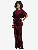 Front View Thumbnail - Cabernet Flutter Sleeve Open-Back Velvet Maxi Dress with Draped Wrap Skirt