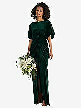 Alt View 1 Thumbnail - Evergreen Flutter Sleeve Open-Back Velvet Maxi Dress with Draped Wrap Skirt