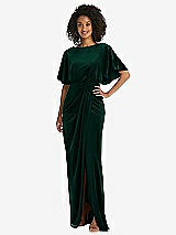 Front View Thumbnail - Evergreen Flutter Sleeve Open-Back Velvet Maxi Dress with Draped Wrap Skirt