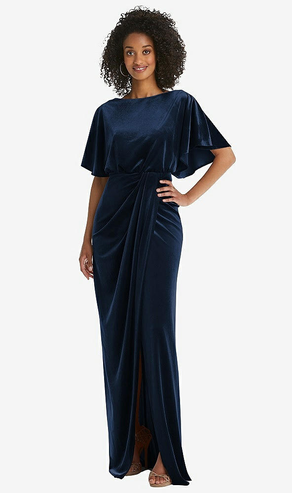 Front View - Midnight Navy Flutter Sleeve Open-Back Velvet Maxi Dress with Draped Wrap Skirt