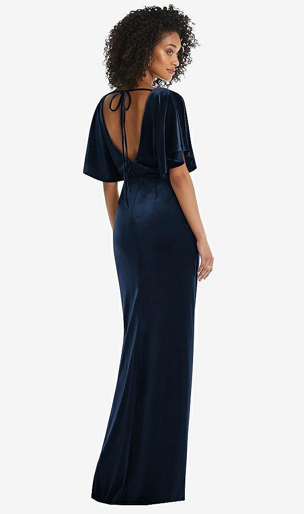 Back View - Midnight Navy Flutter Sleeve Open-Back Velvet Maxi Dress with Draped Wrap Skirt