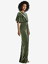 Side View Thumbnail - Sage Flutter Sleeve Open-Back Velvet Maxi Dress with Draped Wrap Skirt