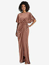 Front View Thumbnail - Tawny Rose Flutter Sleeve Open-Back Velvet Maxi Dress with Draped Wrap Skirt