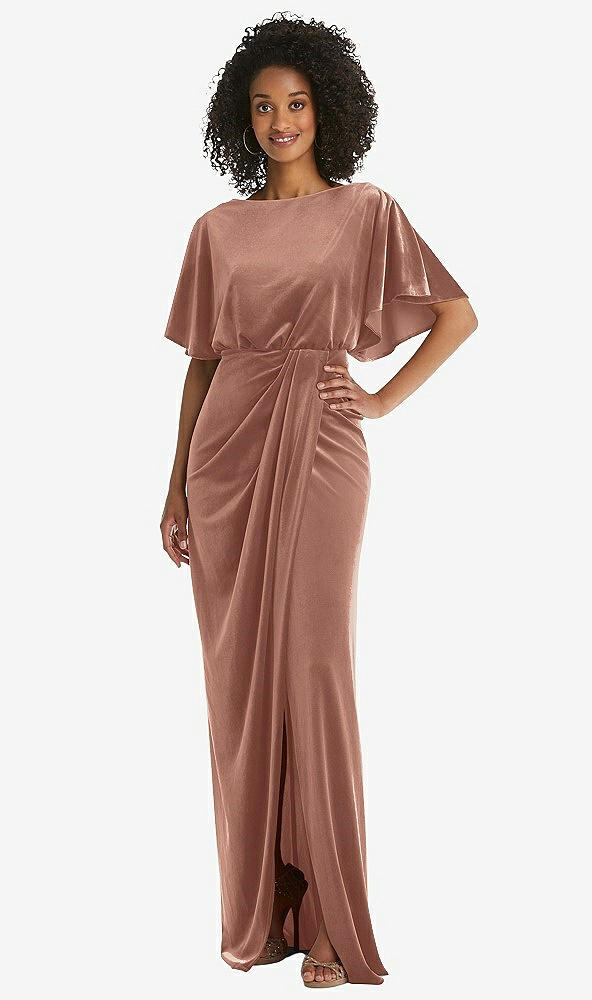 Front View - Tawny Rose Flutter Sleeve Open-Back Velvet Maxi Dress with Draped Wrap Skirt