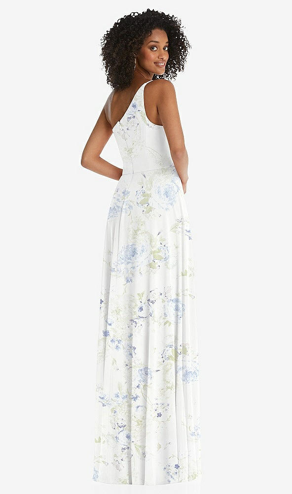 Back View - Bleu Garden One-Shoulder Chiffon Maxi Dress with Shirred Front Slit