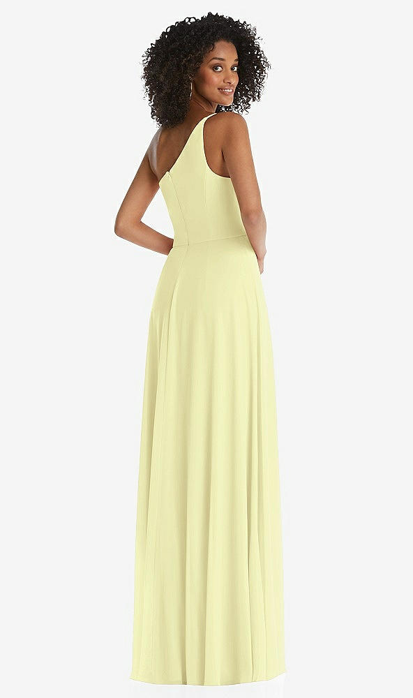 Back View - Butter Yellow One-Shoulder Chiffon Maxi Dress with Shirred Front Slit